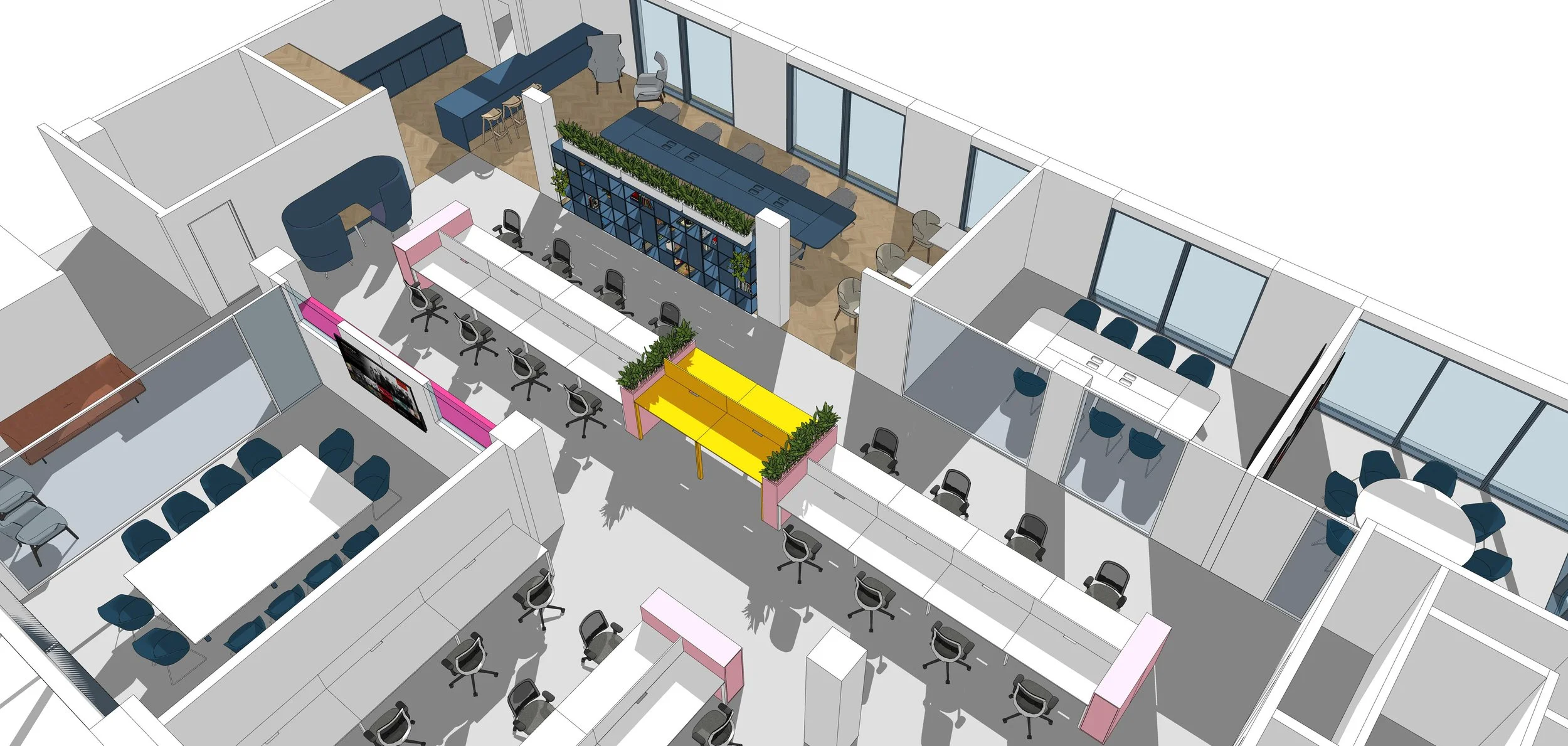 3D interior design of an open office space with individual desks, conference room, lounge area, and kitchen, featuring modern furniture, large windows, and decorative plants.