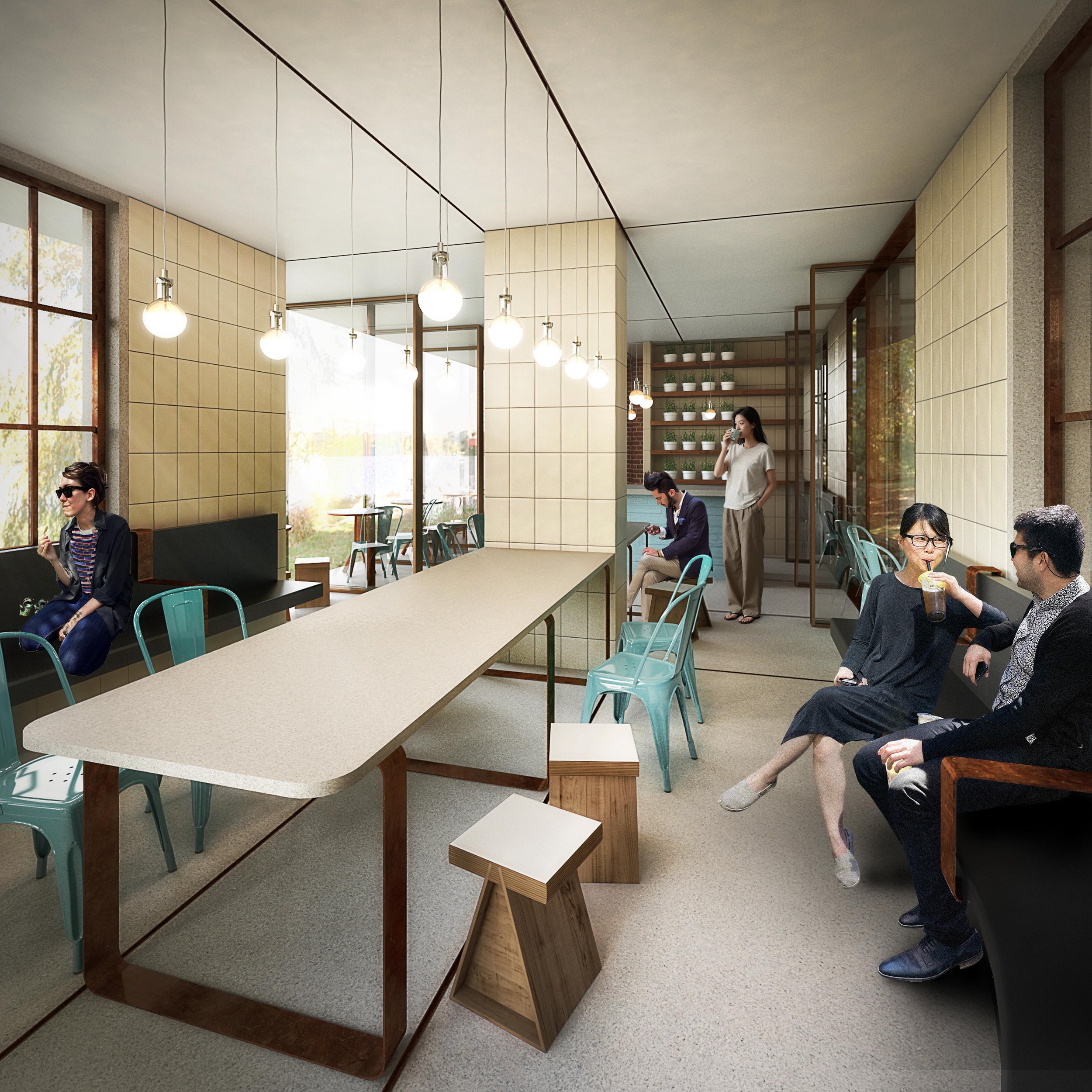 Interior of a modern coffee shop with large windows, hanging lights, and several patrons including a woman with sunglasses, a couple drinking coffee, and a person sitting alone using a phone.