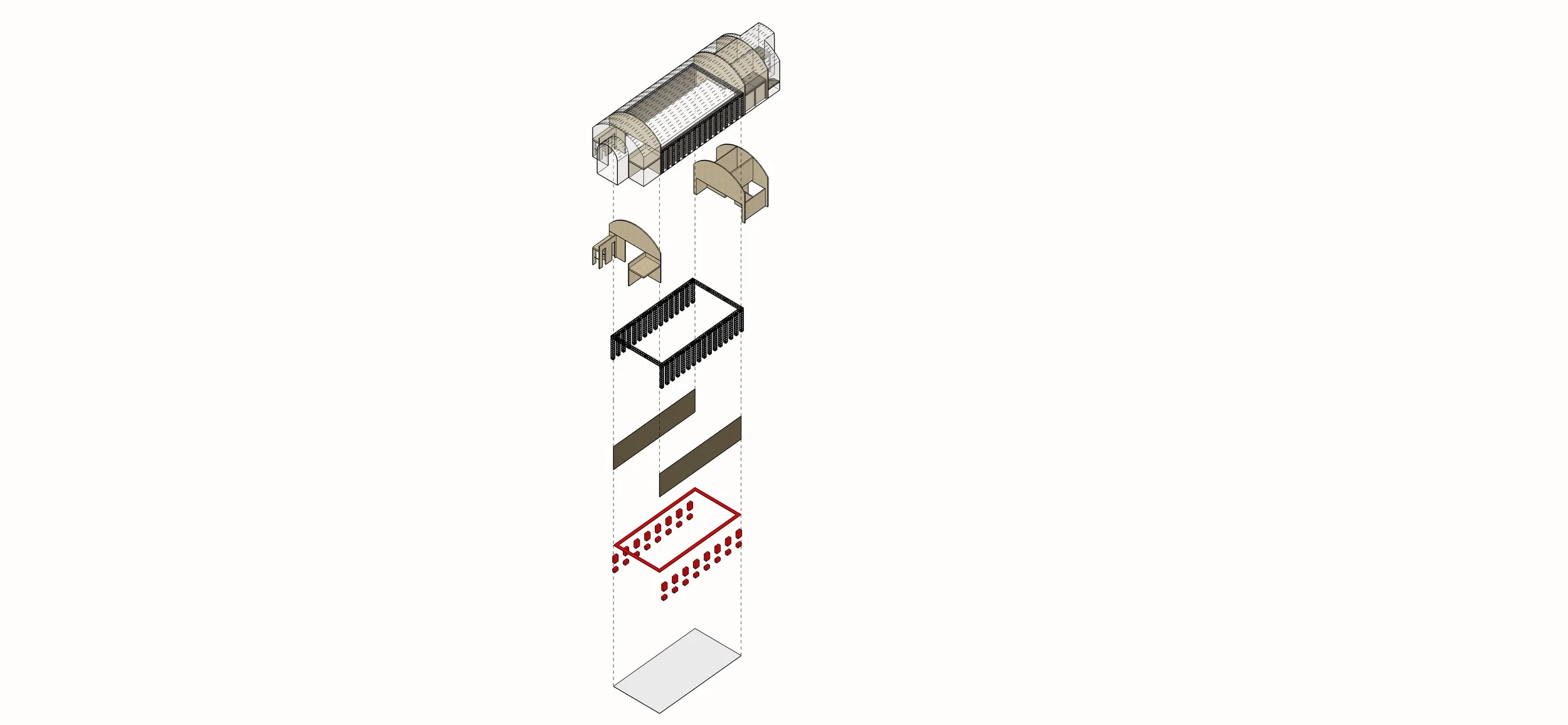 Exploded view of an architectural or structural model showing multiple layers and components, including a transparent curved roof, beige curved structures, black grid-like frame, gray horizontal layers, red outlined rectangular element, and a white b