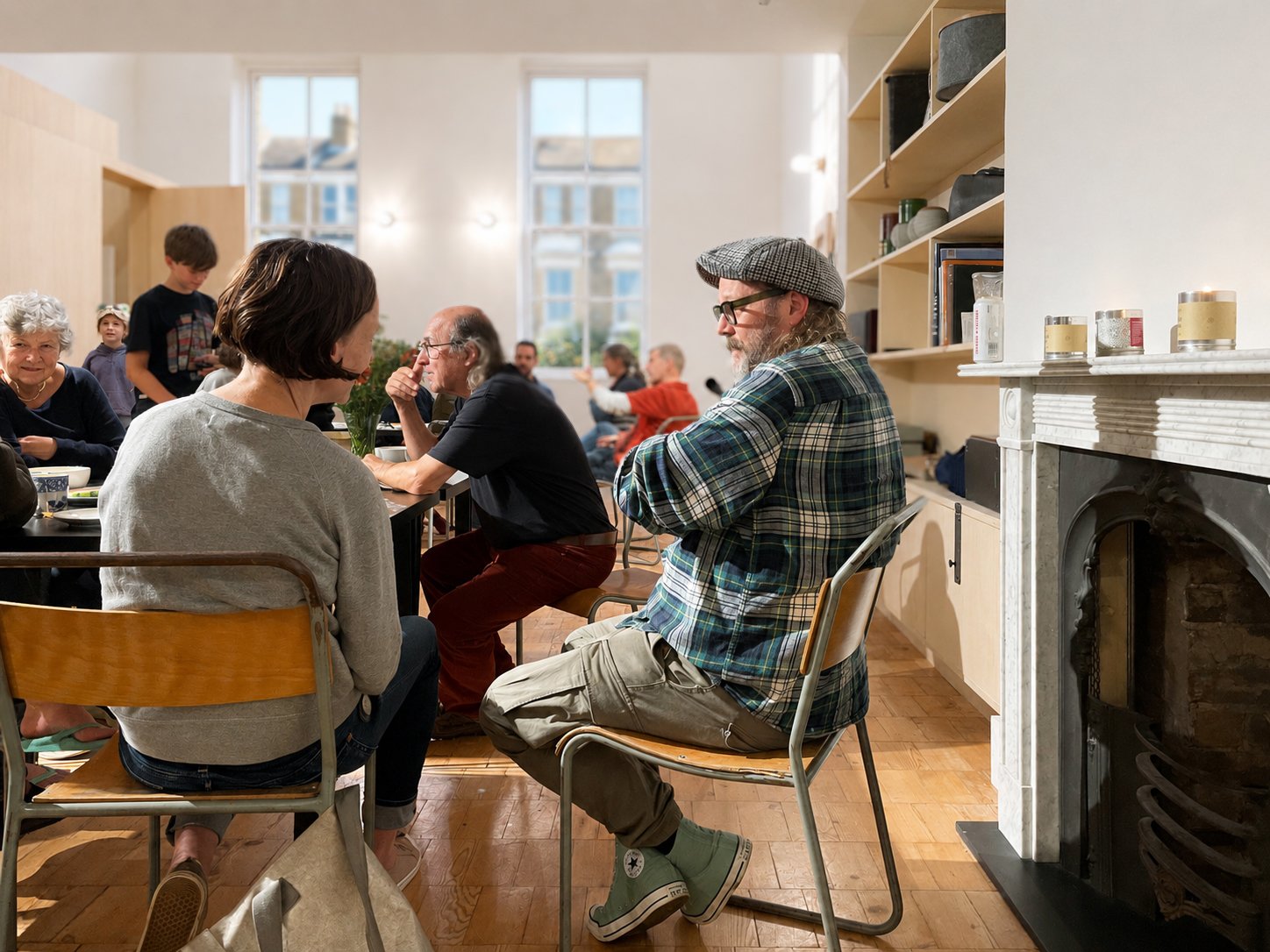 People sitting at a long dining table in a bright room with large windows, some engaging in conversation, with a fireplace on the right and shelves with various items above it.