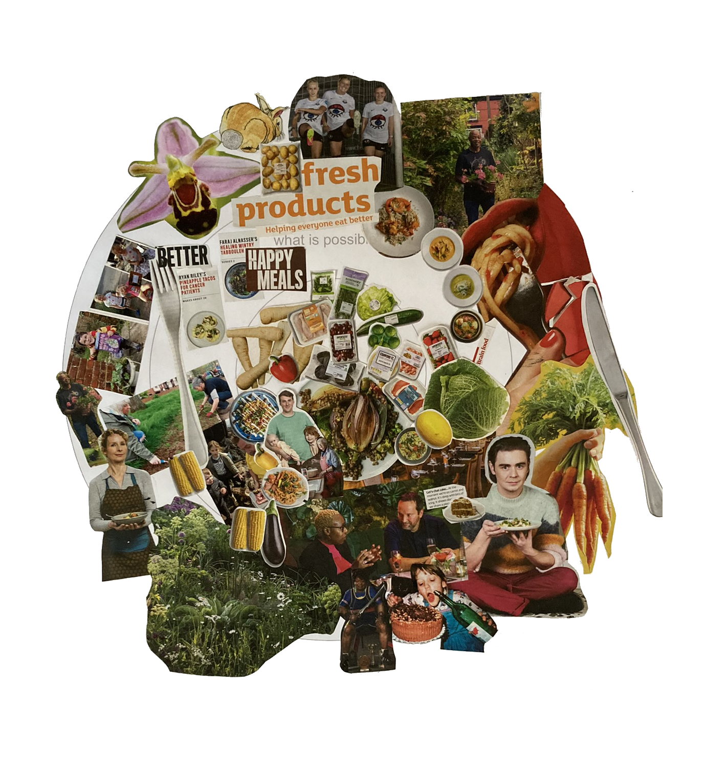 Collage of images related to healthy eating and community, featuring fresh vegetables, people gardening, preparing food, and enjoying meals.