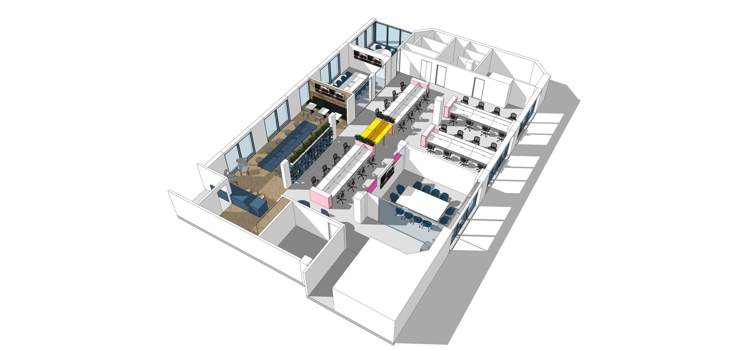 3D floor plan of an office space with multiple workstations, conference rooms, lounge areas, and a kitchen.