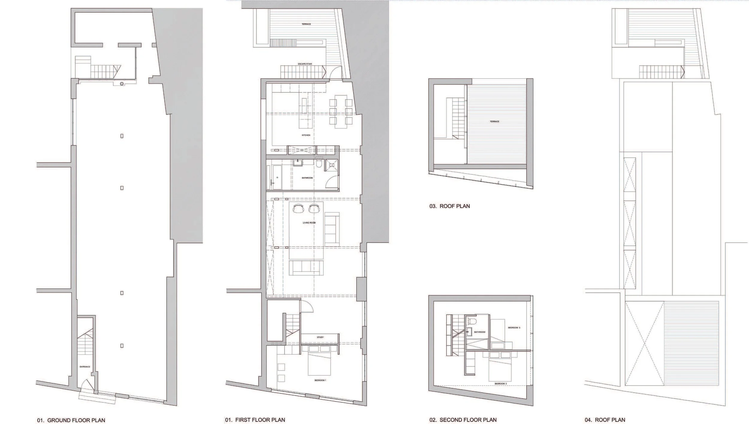 Architectural floor plans for a multi-story building, including ground, first, second, and roof levels with room layouts and staircase positions.