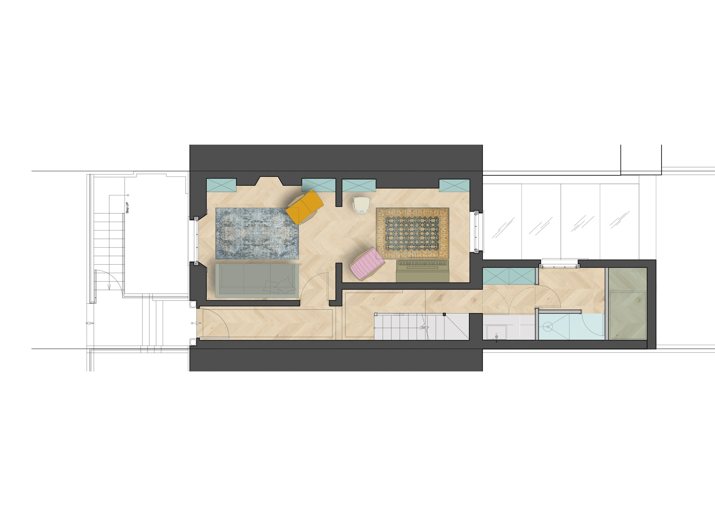 Floor plan of a small apartment with a bedroom, living area, bathroom, and balcony.