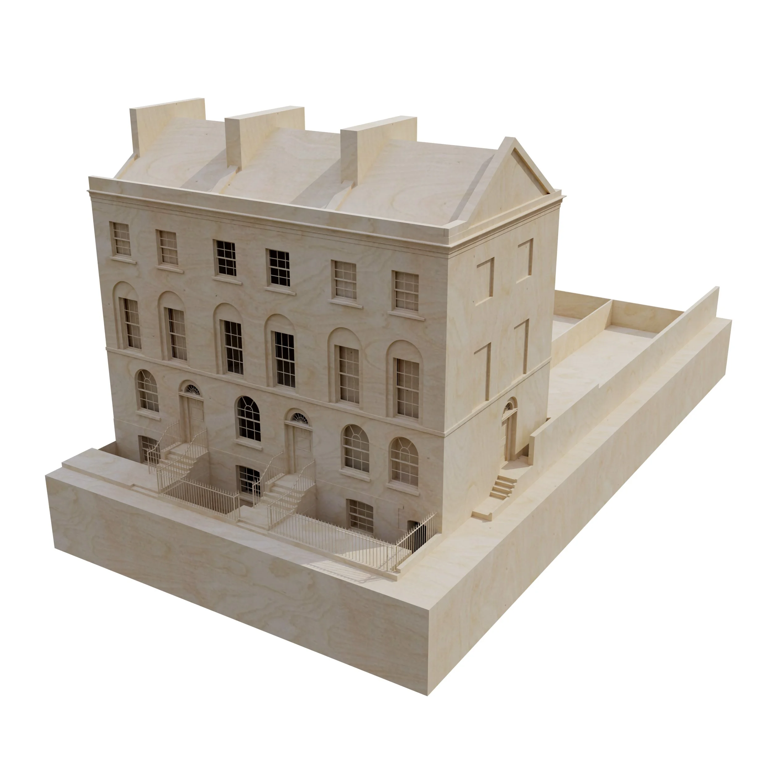 Wooden model of a historic multi-story building with multiple windows, stairs, and fencing, resembling a townhouse or apartment building.