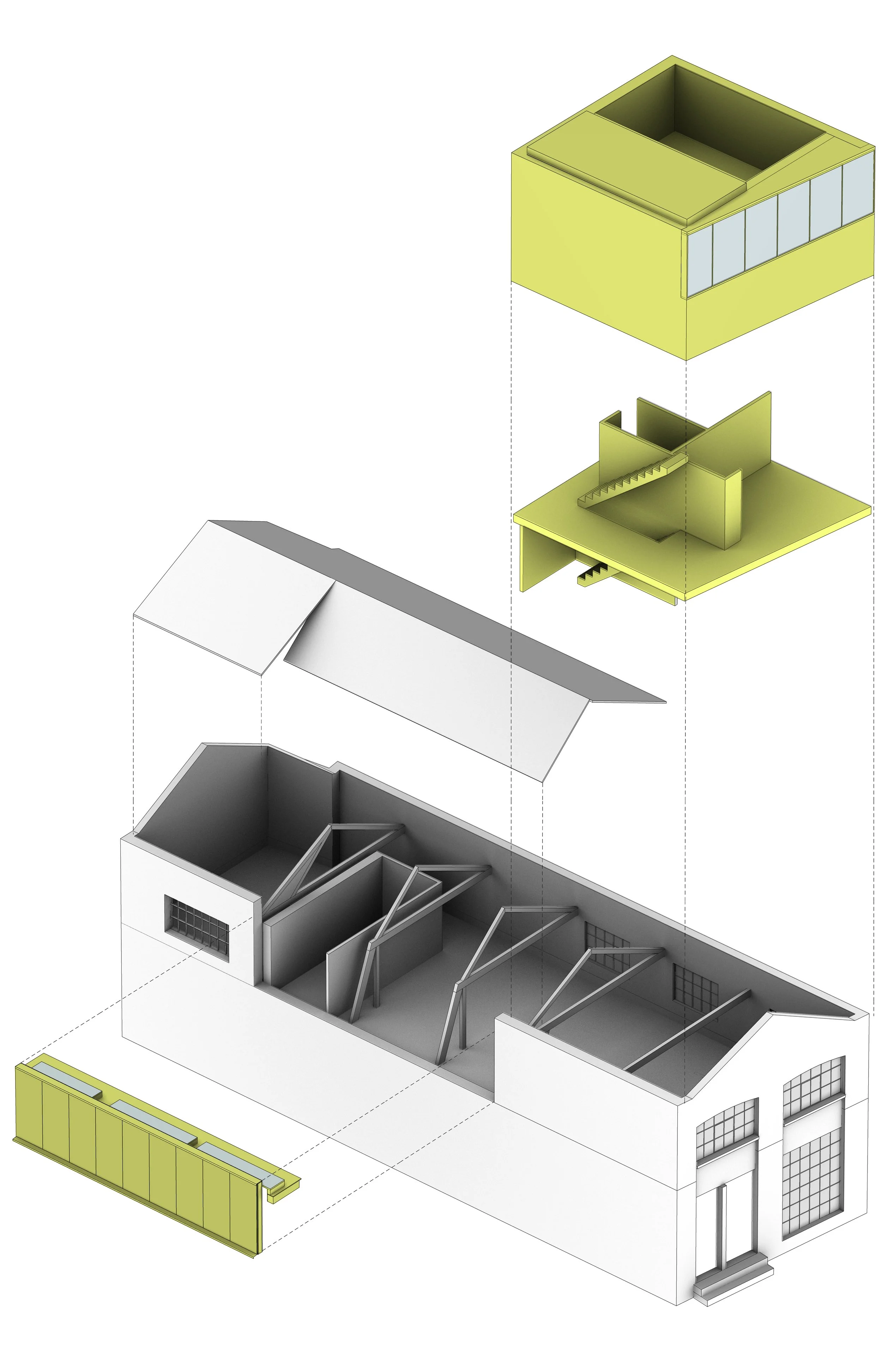 An exploded view of a modern building showing the external facade, interior walls, floors, and roof in a detailed architectural diagram.