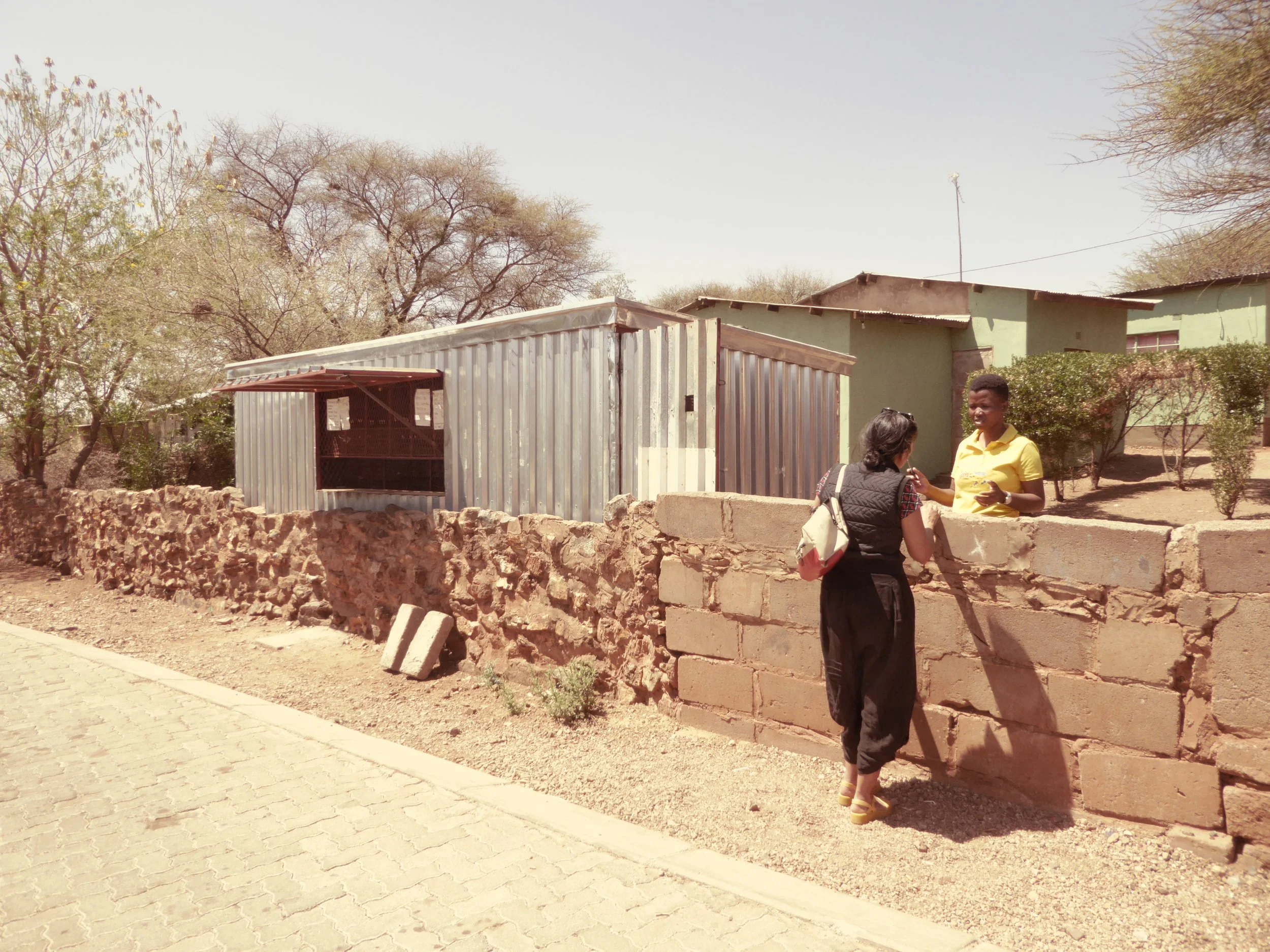 Two women having a conversation near a stone and concrete wall in a neighborhood with trees and modest houses.