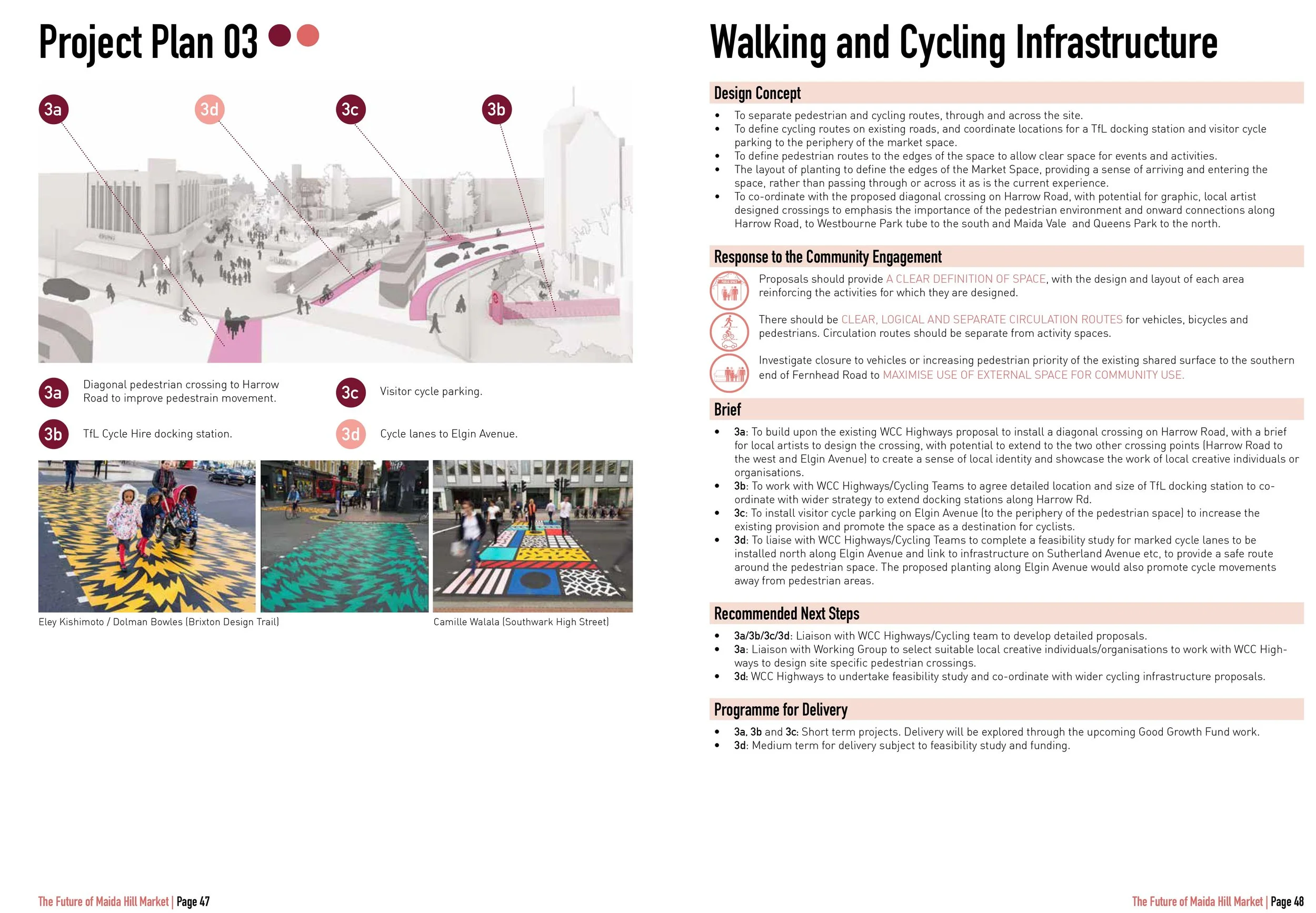 Design plan for walking and cycling infrastructure, highlighting pedestrian crossings, cycling route connections, and cyclist parking areas with descriptive labels and photographs of pedestrian and cyclist features.