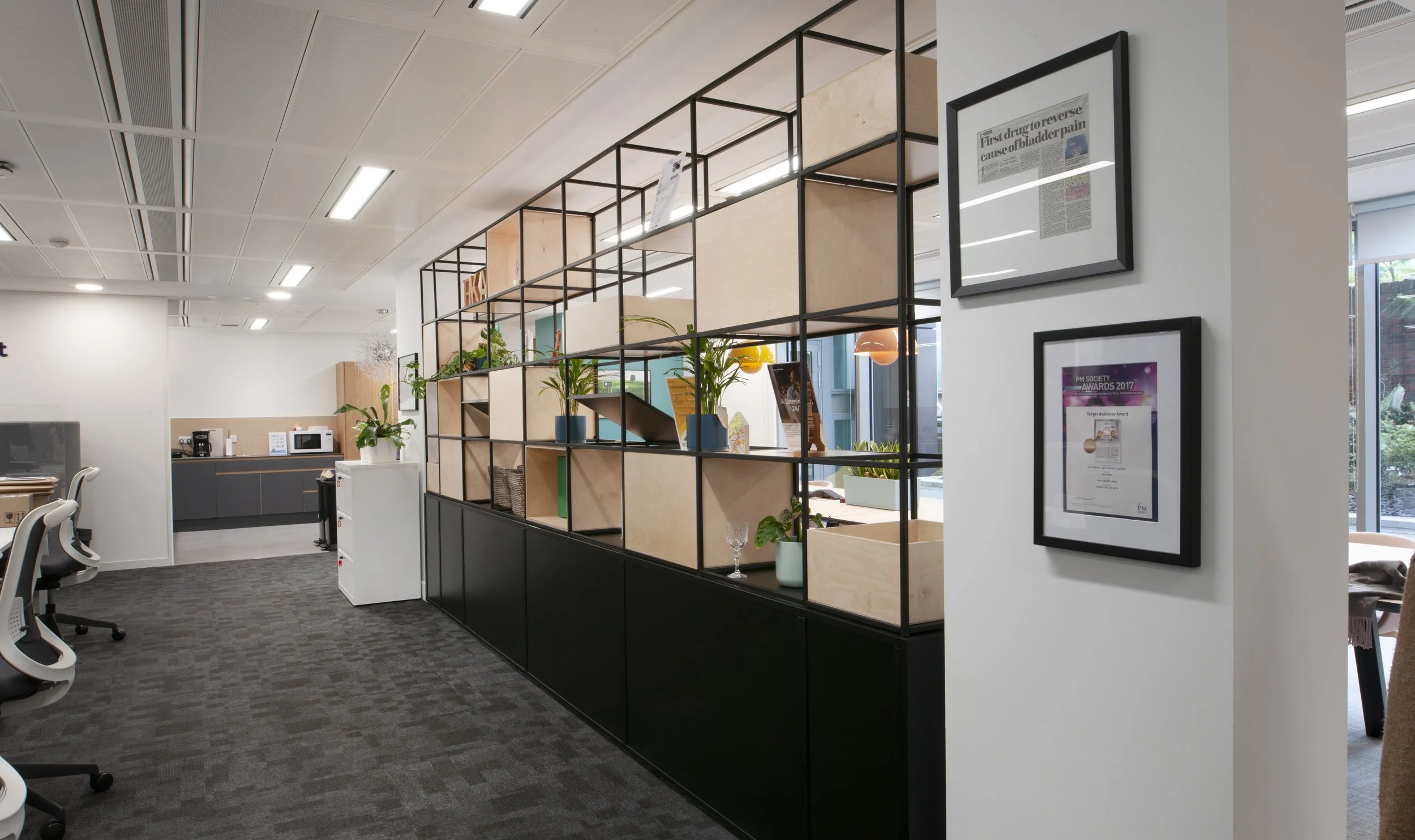 Modern office space with open work desks, a decorative shelving unit with plants, framed certificates on the wall, and a kitchen area in the background.