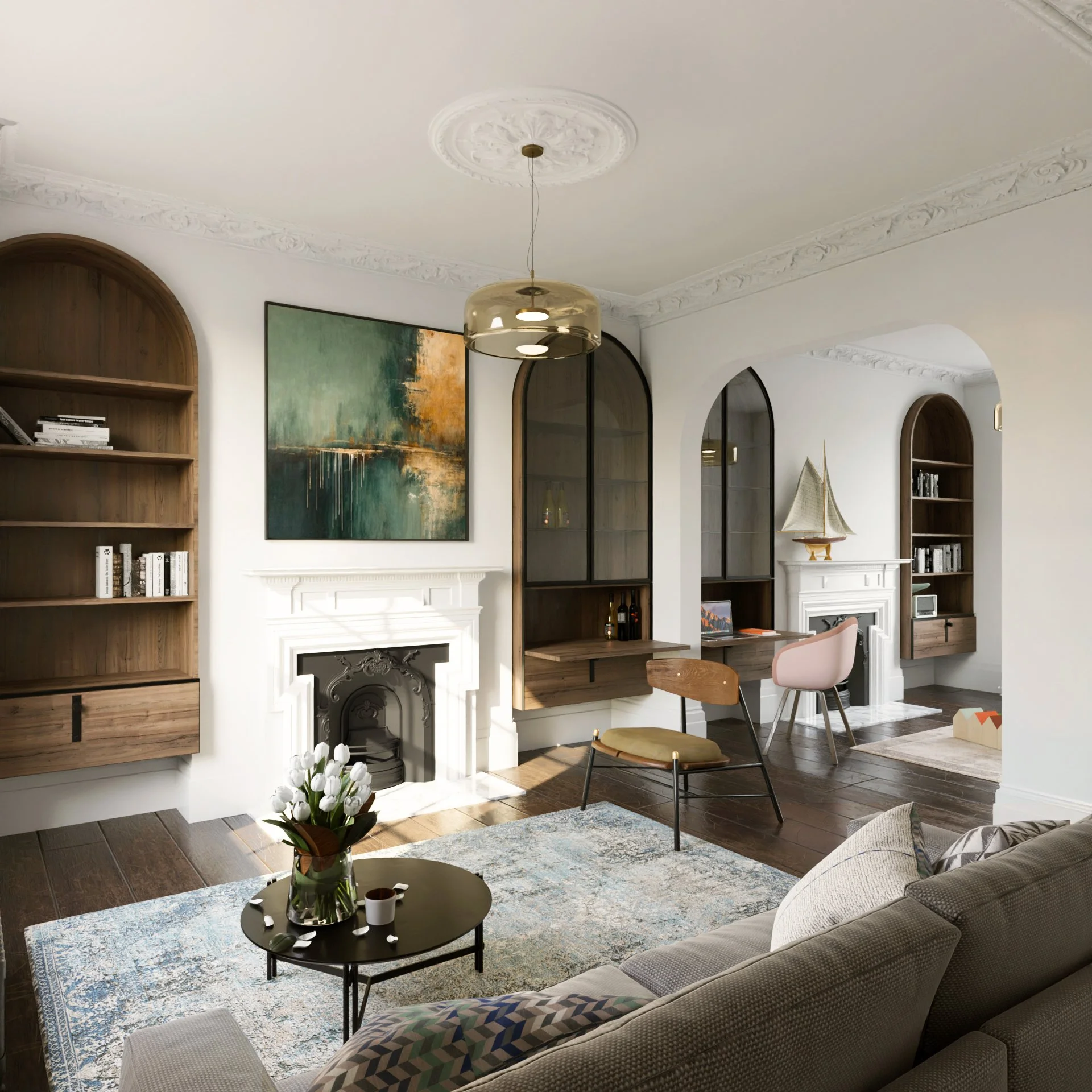 Living room with white walls, a white ornate fireplace, built-in wooden shelves, a modern black coffee table with a flower vase and cups, a gray sofa, and wood and pastel accent chairs. An abstract painting hangs above the fireplace. There is a hangi