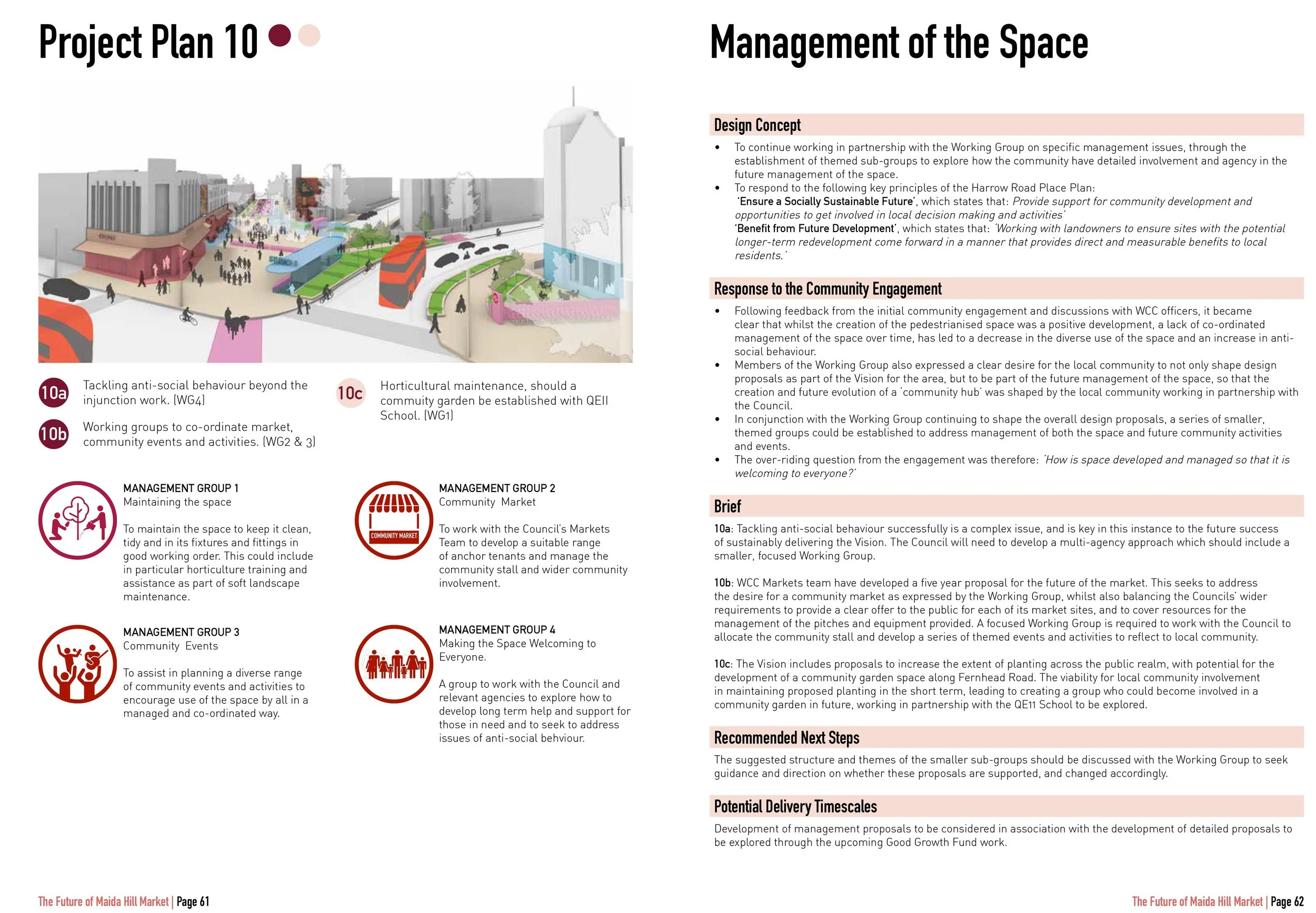 A detailed project plan for a community space, including visualizations and notes on management and community engagement, with small icons representing different management groups and community activities.