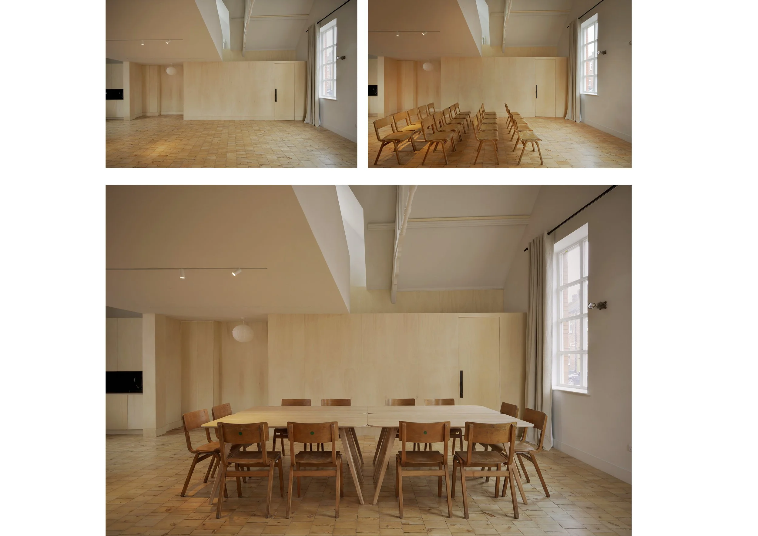Empty room with wooden floors, white walls, and large windows with curtains. A row of chairs is arranged facing the windows, and a table with wooden chairs is in the foreground.