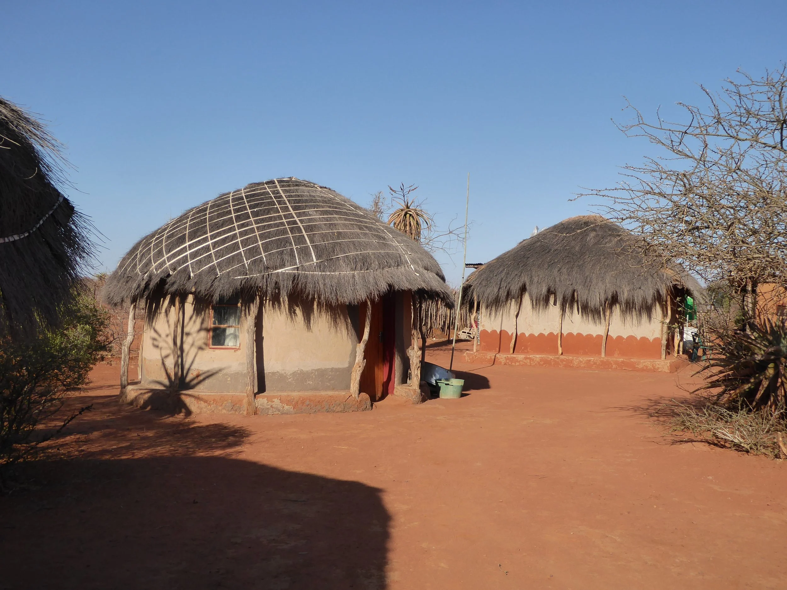 Traditional thatched-roof huts in a dry, rural area with bare trees and clear blue sky.