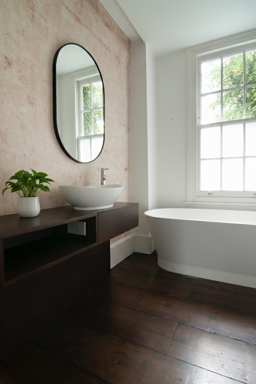 A modern bathroom with a large window, a freestanding white bathtub, a dark wooden floating vanity with a round vessel sink, a mirror, and a potted plant.