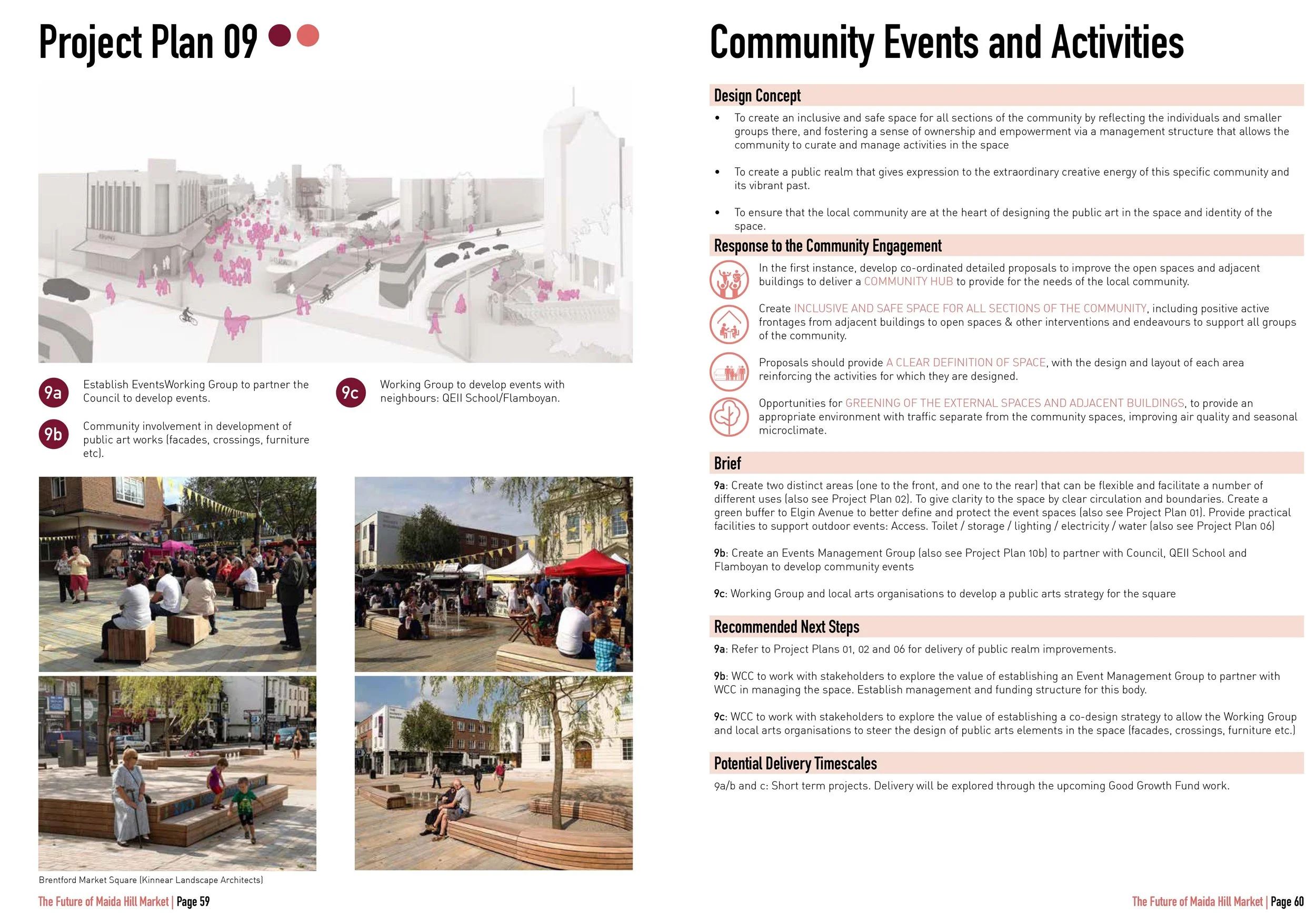 A community planning poster with design concept and images of people engaging in outdoor events and art activities in a public square, including stages, seating, and shaded areas.
