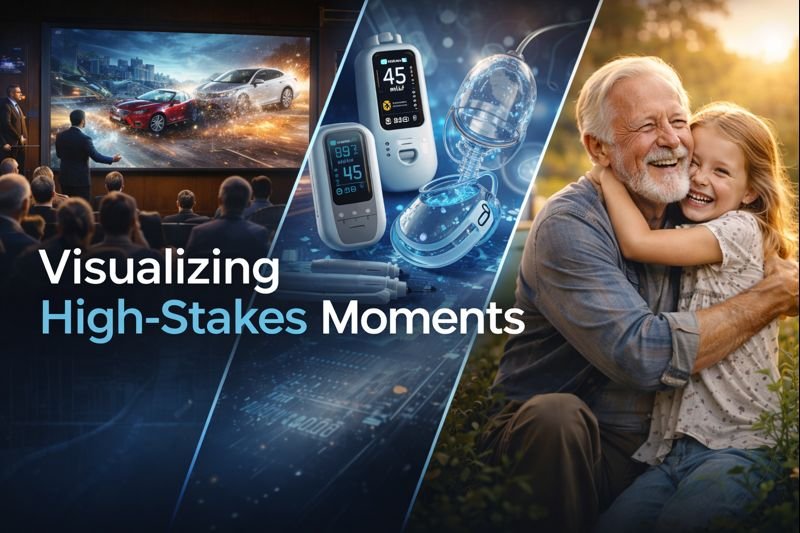 A visual collage representing forensic visualization, medical and technical animation, and memorial film services.