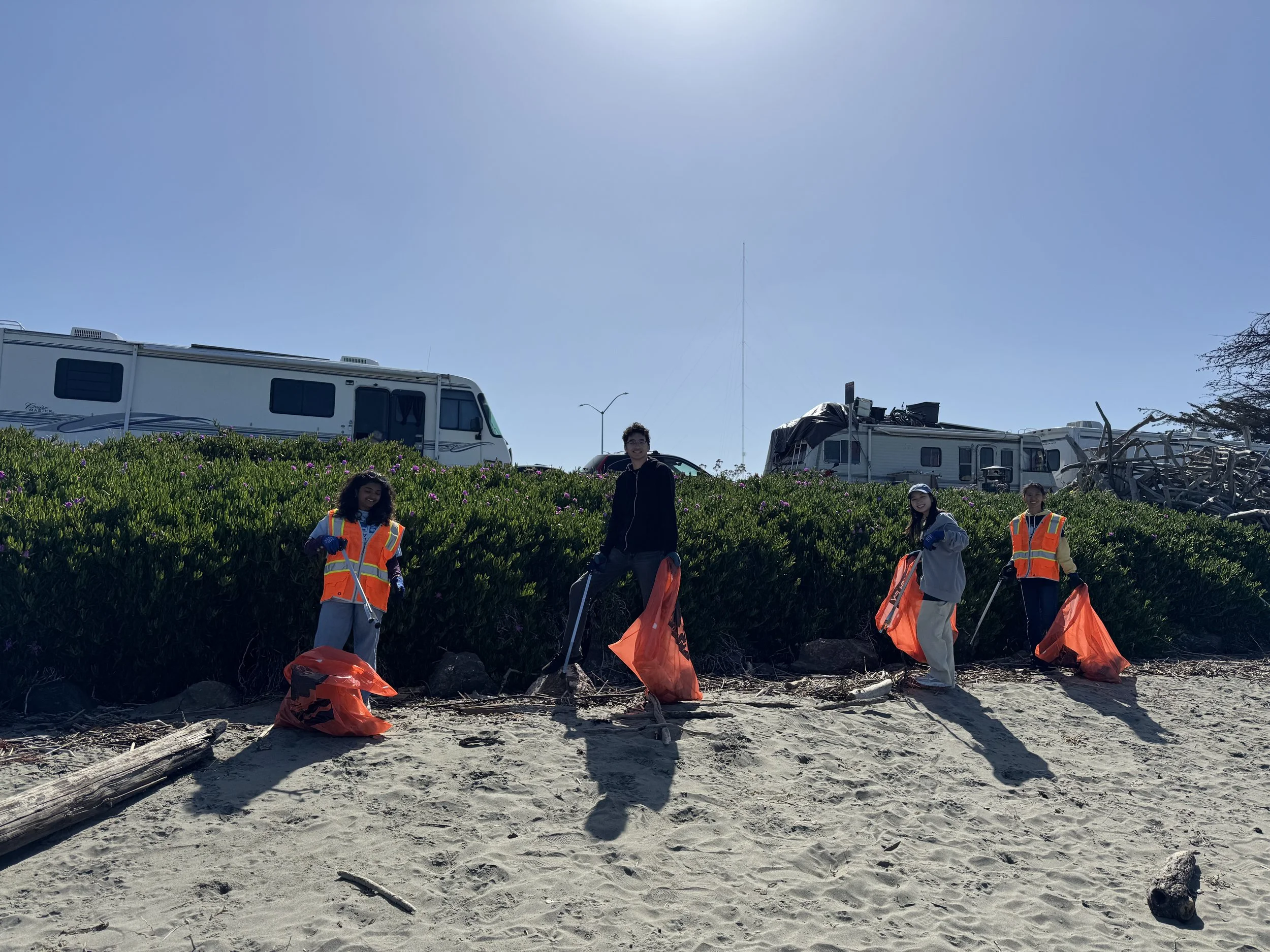 Four people with orange suits, with sand and sunlight in the background and bushes.