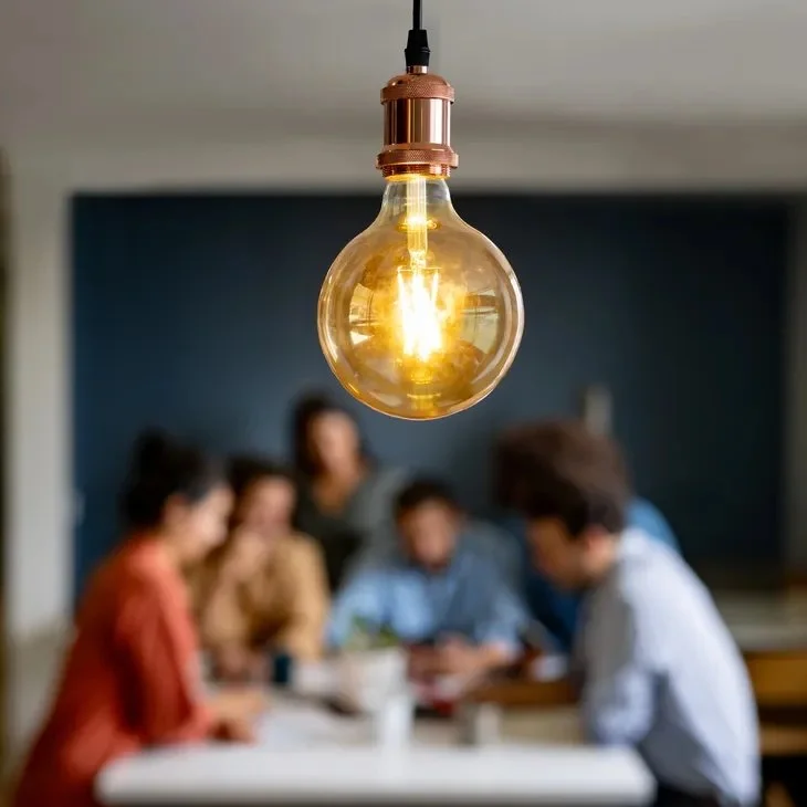 Under a lightbulb, a group of colleagues working together for Rooted Collective