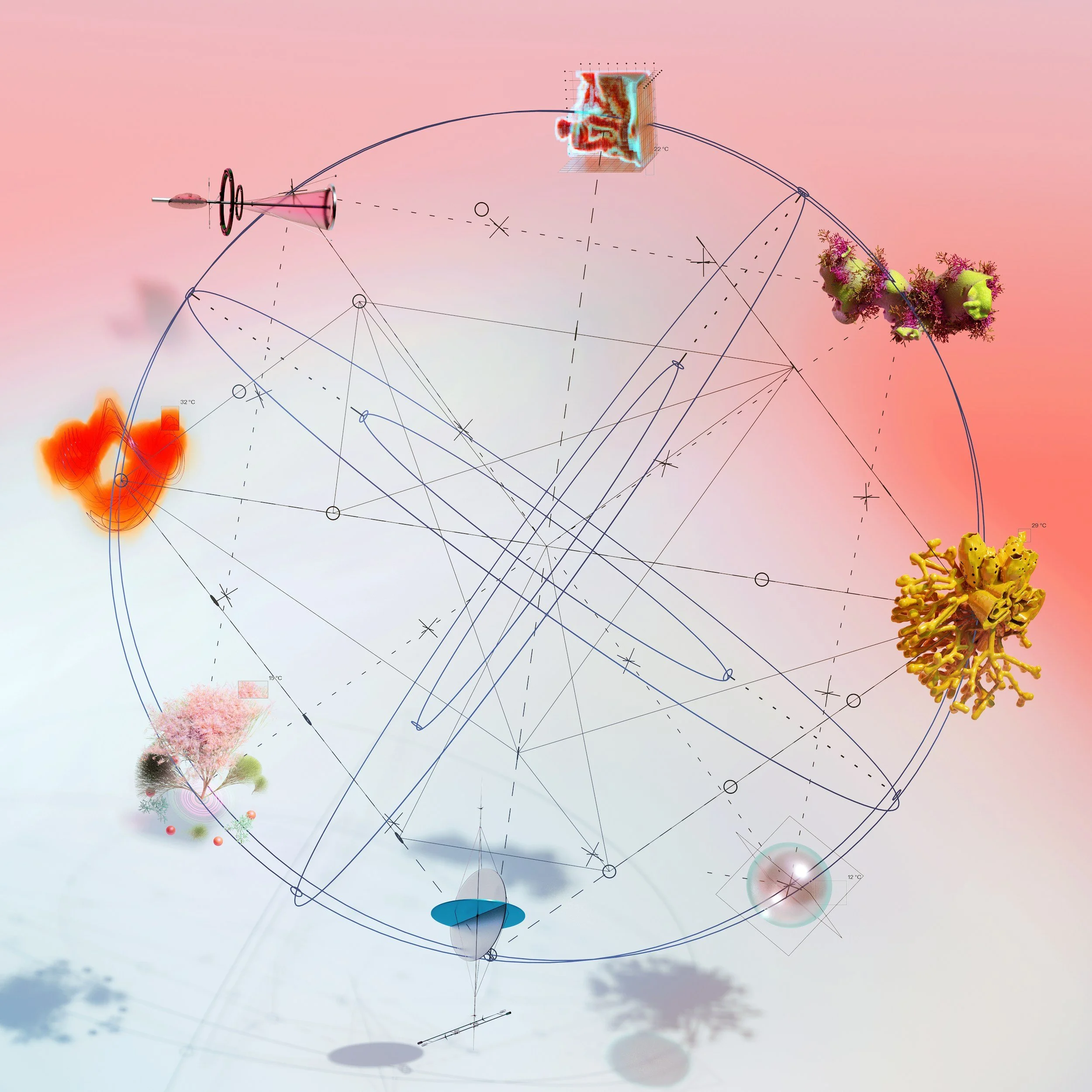 Abstract digital artwork of an interconnected circle with geometric shapes and nature imagery, symbolizing HamptonTCI's work in growth and innovation: building visionary leaders for bold, fast-executing tech and early-listed companies.