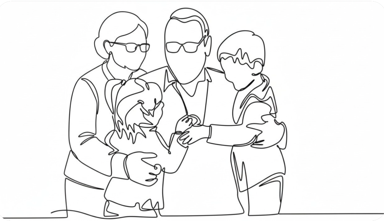 Line drawing of a family group, two adults and two children, embracing and holding hands.