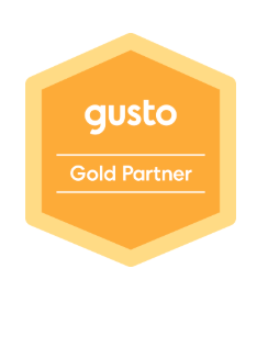Gold badge with the word 'gusto' at the top, 'Gold Partner' in the middle, and two white lines below.