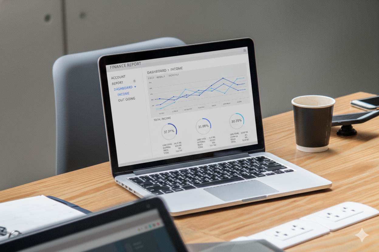 Laptop displaying a finance report with graphs and pie charts on a wooden desk with a paper cup, smartphone, and some power strips.