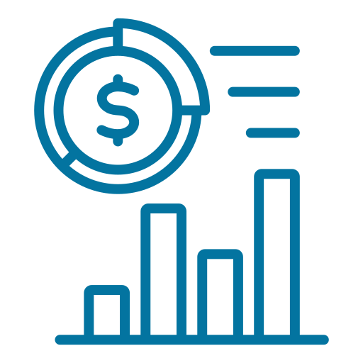 A blue line graph with a dollar sign coin at the top, showing increasing financial growth.