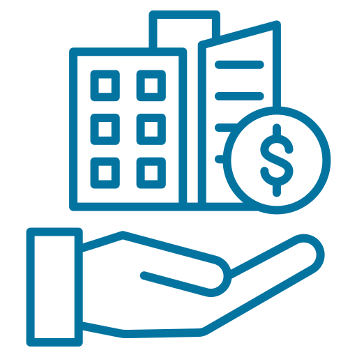 Outline illustration of a building, documents, and a dollar sign beside a hand, representing financial or business concepts.
