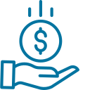 A hand holding a coin with a dollar sign, and a sun-like symbol above it.