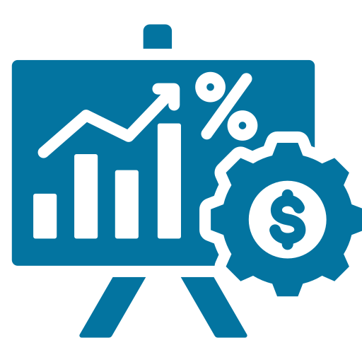 Business chart showing growth, percentage sign, gear with dollar sign symbol