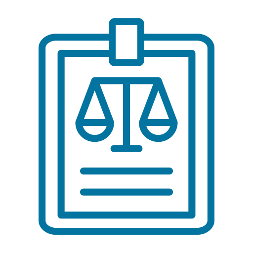 Icon of a clipboard with a scale symbol and lines of text, representing legal or justice-related content.