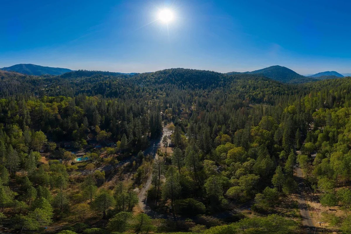 Aerial view of a forested mountain landscape under a bright sun in a clear blue sky.