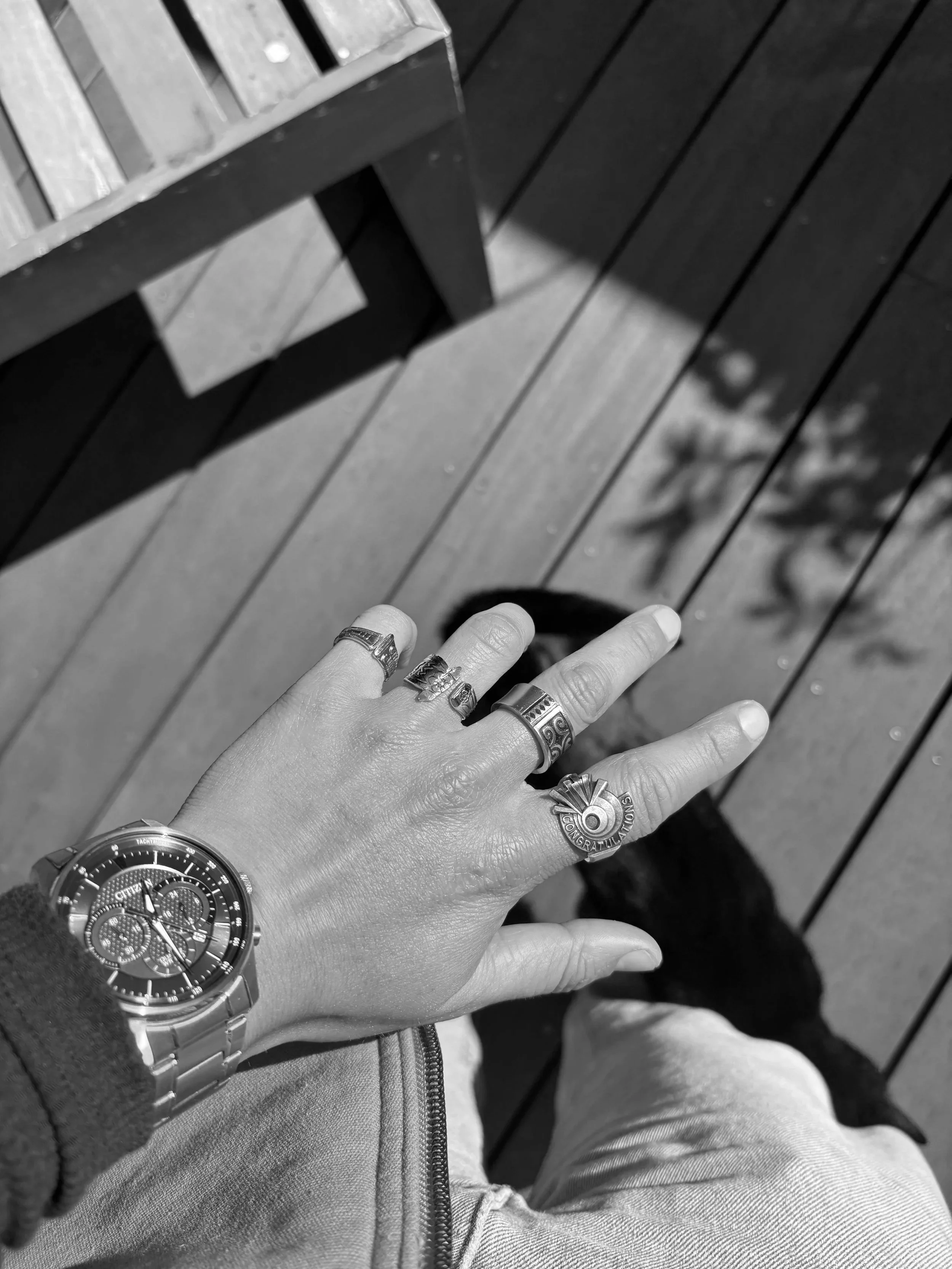 A person's hand with multiple rings and a wristwatch, resting on their knee, with a wood deck and a small black dog nearby.