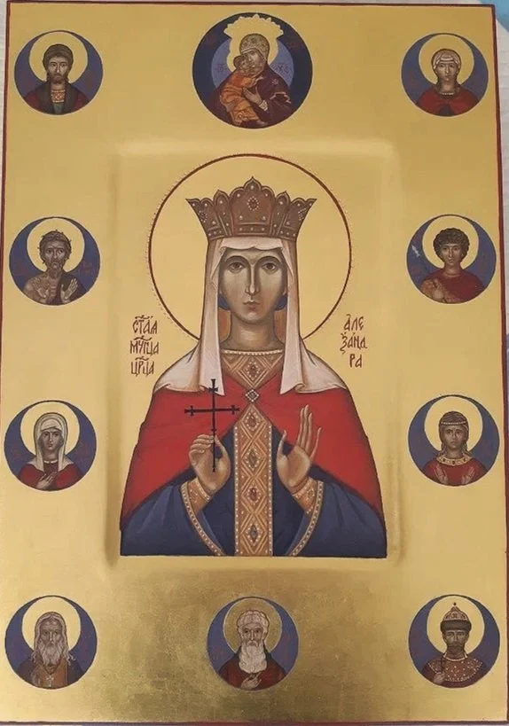 2020 - St. Alexandra of Rome - Family icon with chosen saints. 
55 cm x 35 cm
Materials: Wooden panel, mineral pigments, egg tempera, and genuine gold leaves.