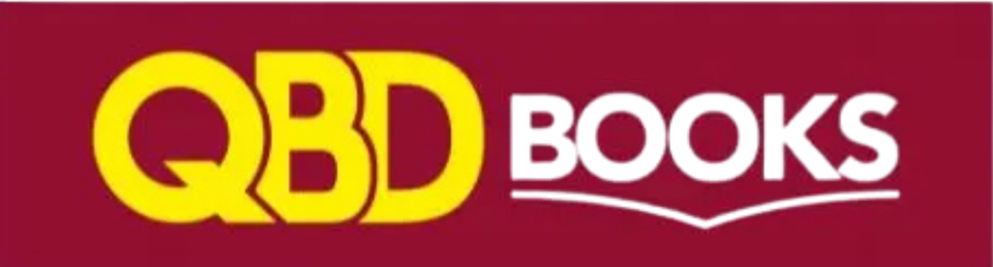 QBD Books logo with yellow and black text on a maroon background.