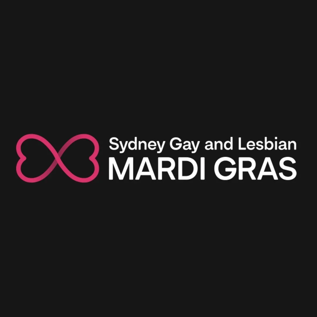 Sydney Gay and Lesbian Mardi Gras logo with pink infinity symbol and black background.