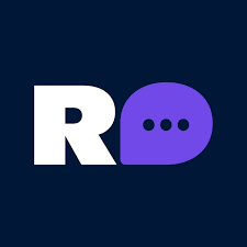 A logo with a white the letter 'R' and a purple speech bubble with three dots on a dark background.