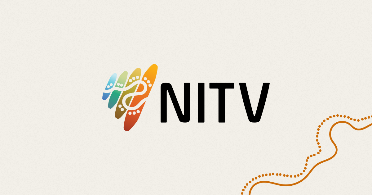 Colorful logo with the text 'NITV' and a stylized design of what appears to be a leaf or flame motif, with a dotted orange line on the right side of the image.