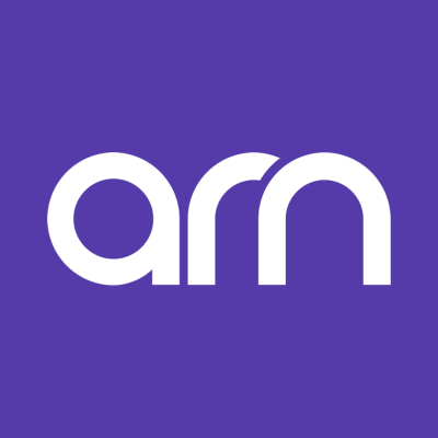 The image displays the ARM logo with the word 'arm' in white lowercase letters on a purple background.