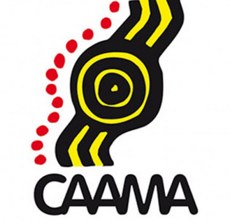 Logo with yellow and black design and the text 'CAAMA' at the bottom.