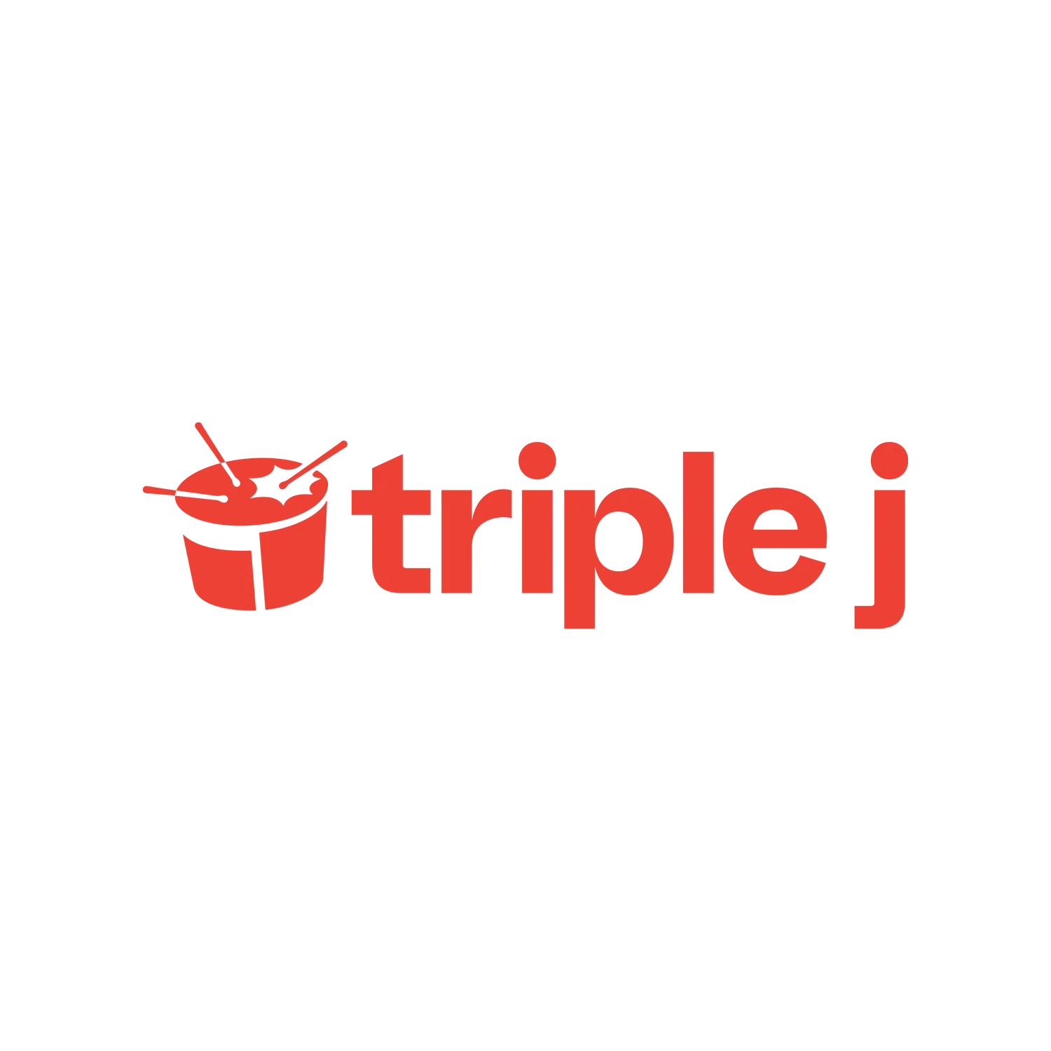 Logo for Triple J featuring a Red drum with drumsticks and the words "triplej" in red.
