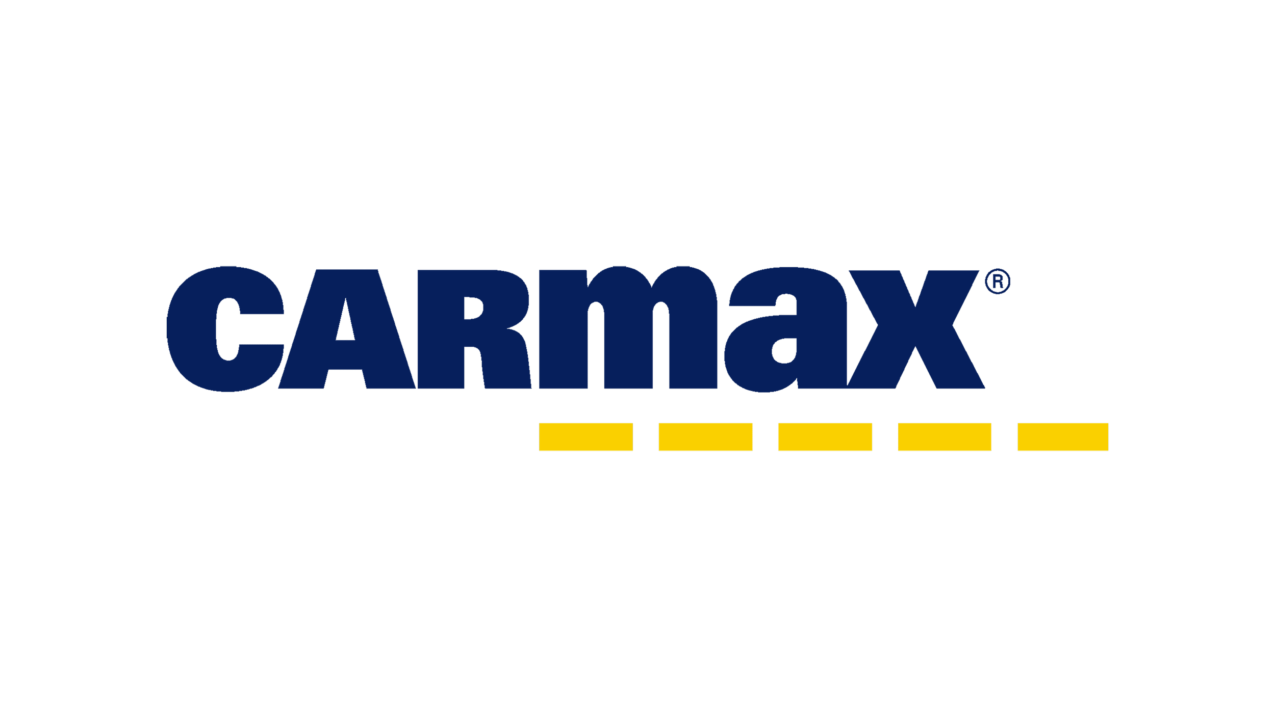 The logo of CarMax with large blue text and yellow dashed line below.