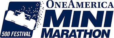 Logo for the One America Mini Marathon 500 Festival featuring a stylized running shoe and the event name in bold letters.