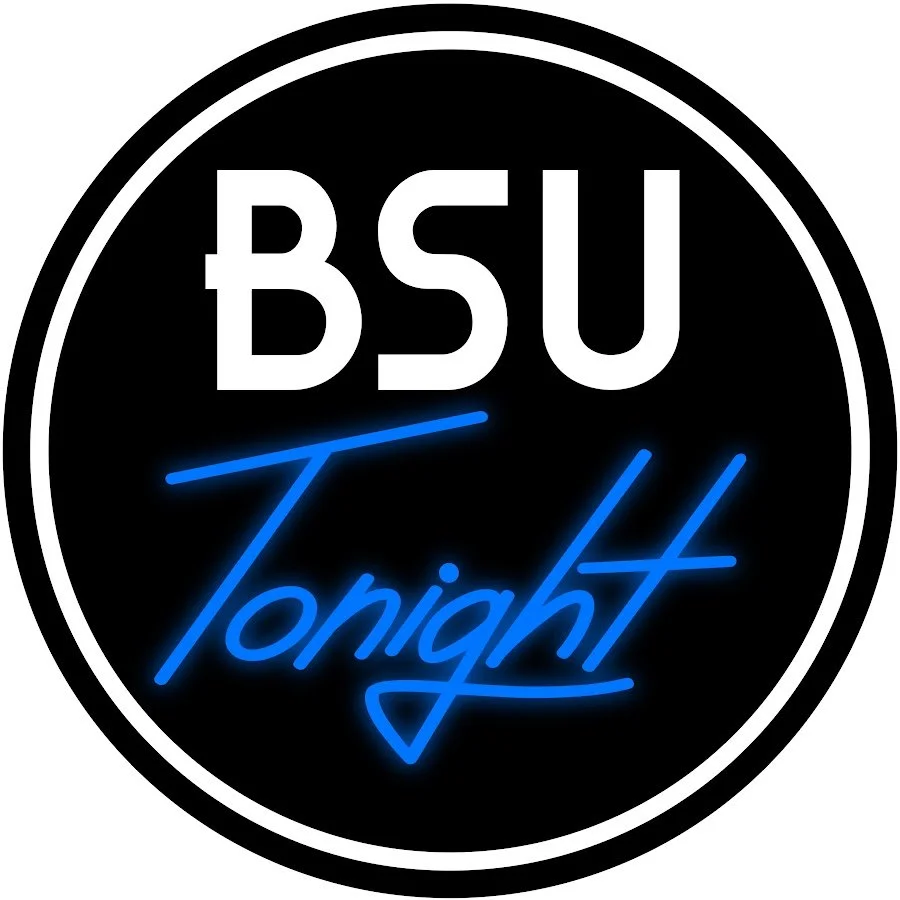 Logo for BSU Tonight featuring bold white and blue text on a black background with a white circular border.