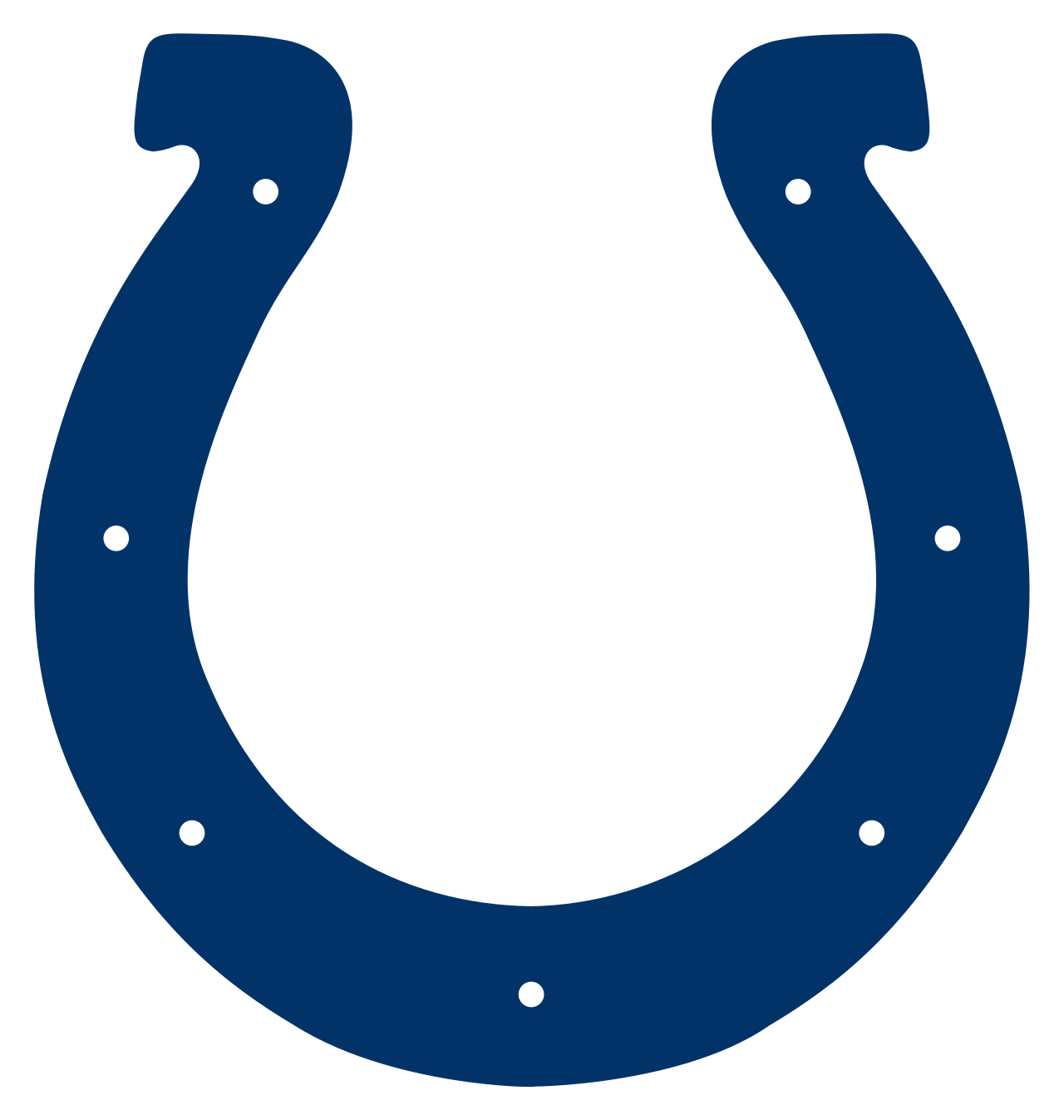 A dark blue horseshoe with white outlines and small white dots around its perimeter.