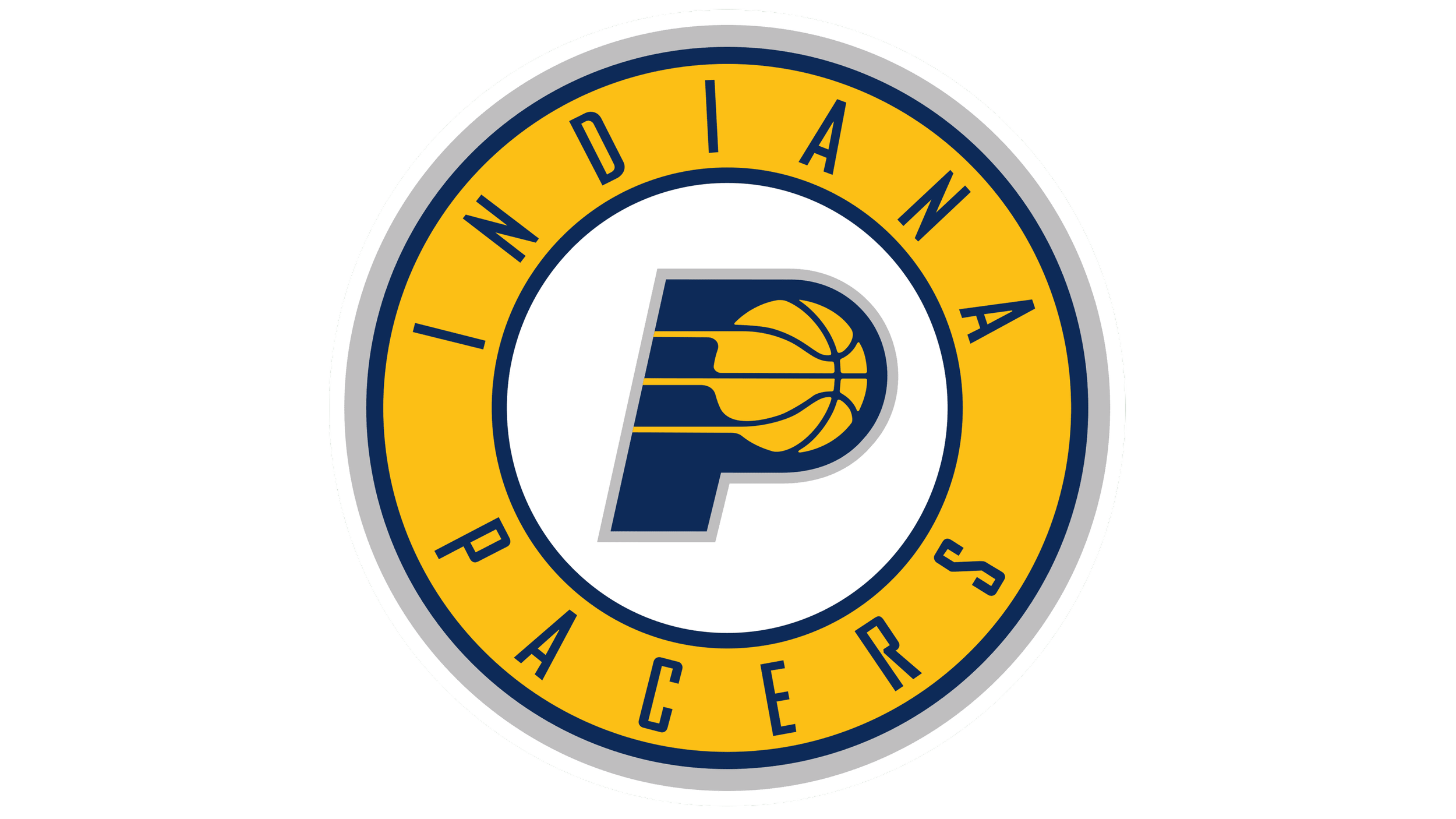 Logo of Indiana Pacers, an NBA basketball team, featuring a navy blue letter 'P' with a gold and navy basketball design inside, surrounded by a yellow ring with the words 'Indiana Pacers' in navy blue.