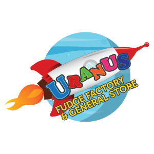 Logo for Uranus Fudge Factory & General Store featuring a cartoon planet with a rocket and colorful text.