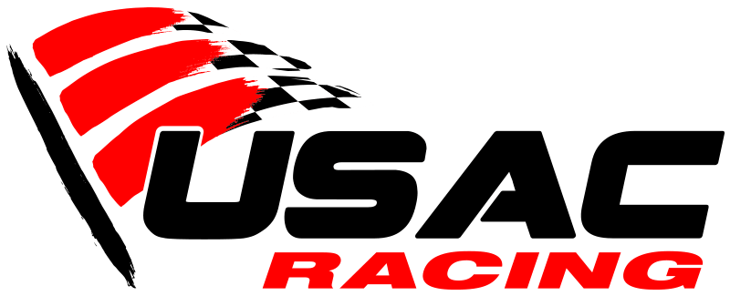 USAC Racing logo featuring a stylized American flag with red and black stripes and the text 'USAC RACING' in black and red.