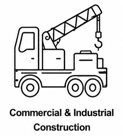 Line drawing of a crane truck with the text "Commercial & Industrial Construction" underneath.