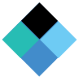 A geometric logo with overlapping diamond shapes in shades of blue and black.